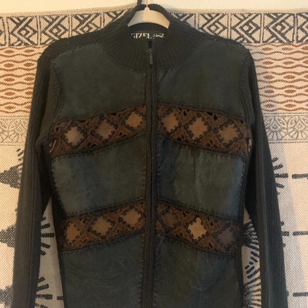 Vintage Western Gizel Zip-Up Sweater/Jacket with Faux-Suede and Crochet Accents